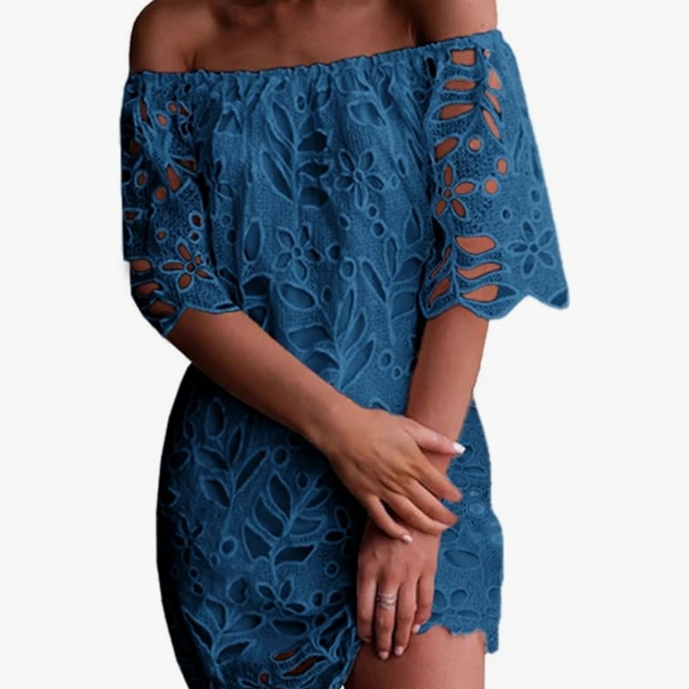 Blue Off-Shoulder Floral Lace Dress